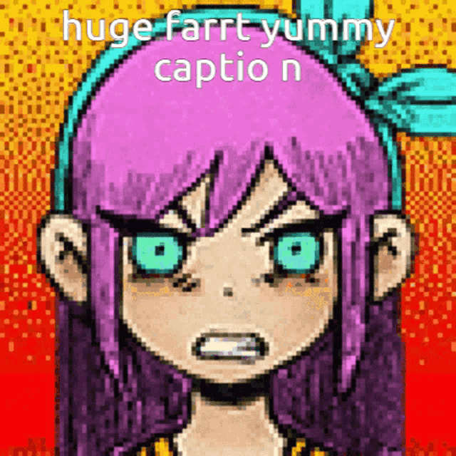 a pixel art drawing of a girl with purple hair and blue eyes