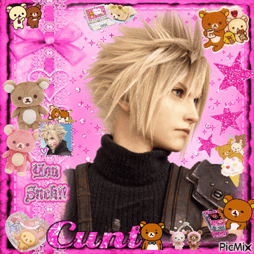 a picture of cloud strife with the words you suck on the bottom right