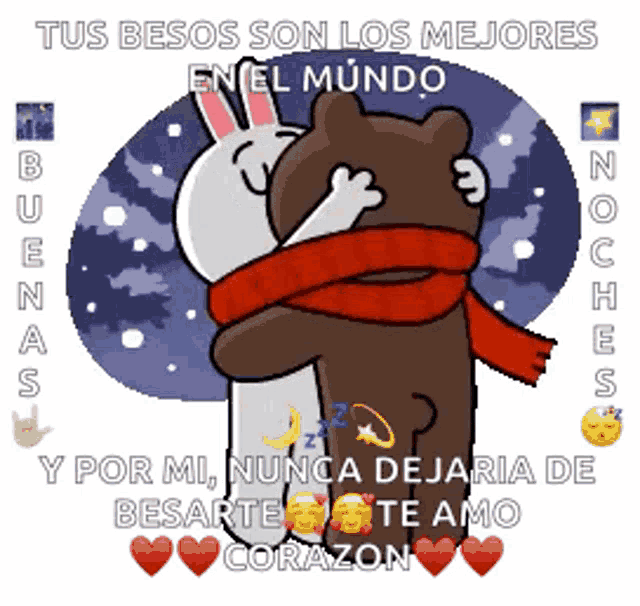a cartoon of a bear and a rabbit hugging with the words tus besos son los mejores en el mundo in the background