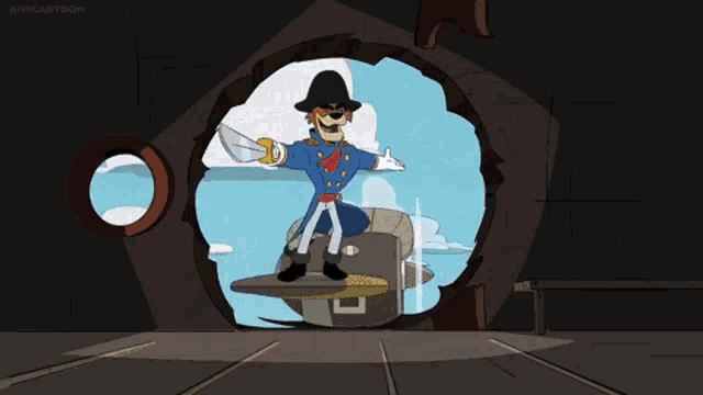 a cartoon character is holding a sword and wearing a napoleonic hat .