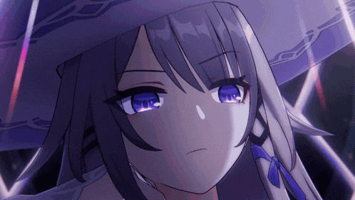 a close up of a girl with purple eyes and a hat