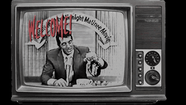 a black and white photo of a man on a television screen with the words welcome night matinee movie