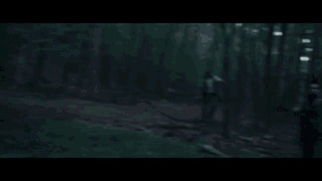 a man is walking through a dark forest with a backpack .
