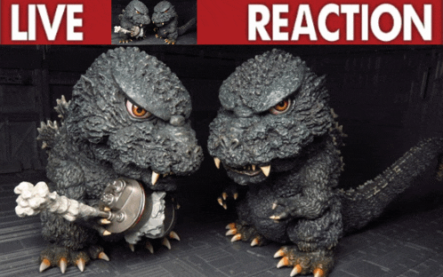 two godzilla action figures standing next to each other with the words live reaction behind them