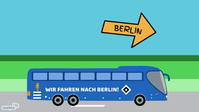 a blue bus with wir fahren nach berlin written on it