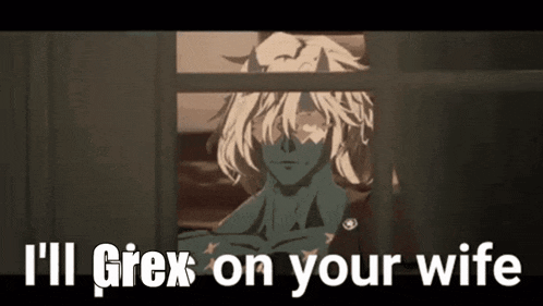 a man is looking out of a window with the words `` i 'll grex on your wife '' written below him .
