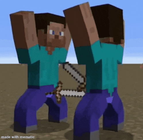 a couple of minecraft characters standing next to each other with their arms in the air