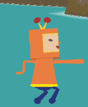 a cartoon drawing of an orange robot with a yellow head