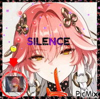a girl with pink hair is holding her finger to her mouth and the word silence is above her head