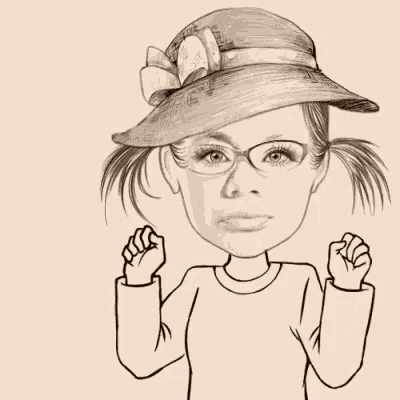 a black and white drawing of a girl wearing a hat and glasses with hearts around her head .