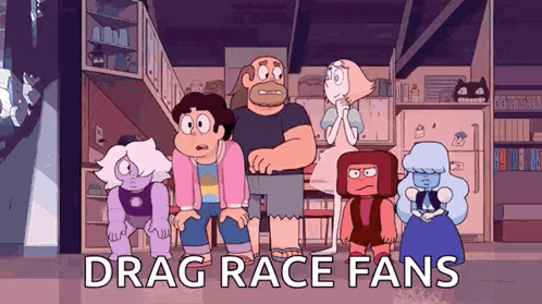 a group of cartoon characters are standing in a room with the words drag race fans on the bottom
