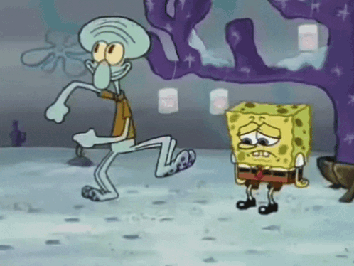 a cartoon of spongebob and squidward dancing in the snow