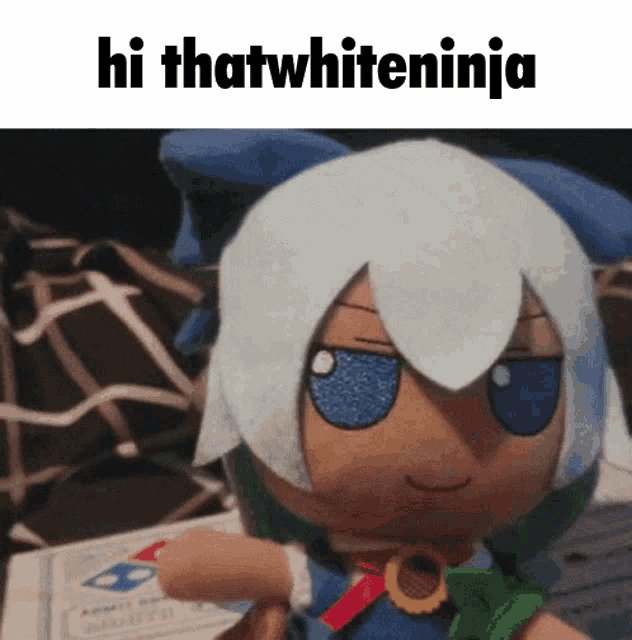 a stuffed doll with white hair and blue eyes says hi that white ninja