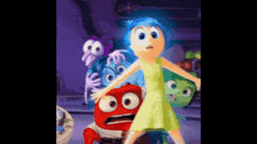 a cartoon character with blue hair is standing in front of a group of cartoon characters .