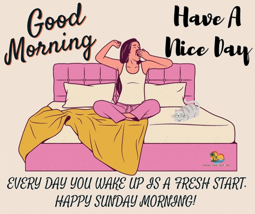 an illustration of a woman sitting on a bed with a cat and the words good morning have a nice day