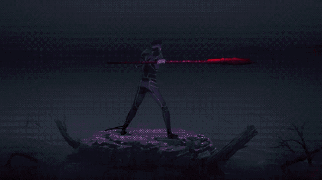 a painting of a person with a spear in a red light