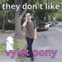 a man is walking down a street talking on a cell phone and they don t like vylet pony