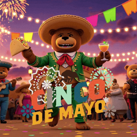 a teddy bear in a sombrero holding a taco and a glass of wine