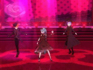 a group of anime characters are dancing on a stage in front of a pink light .