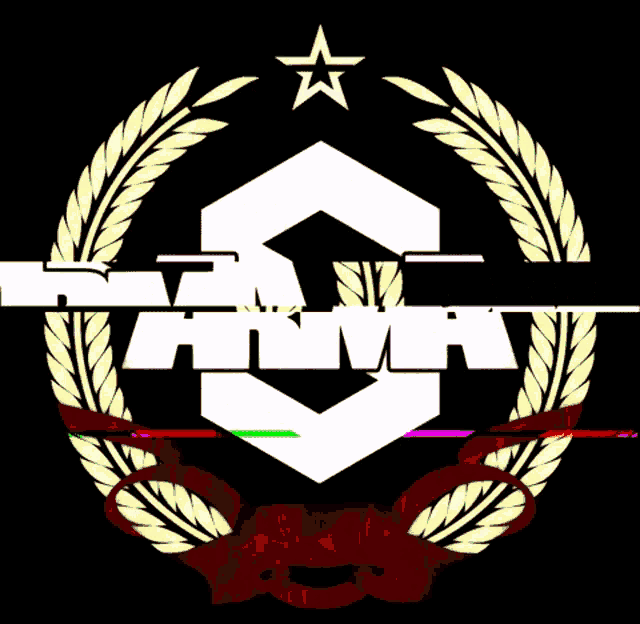 a logo for arma with a wreath around it