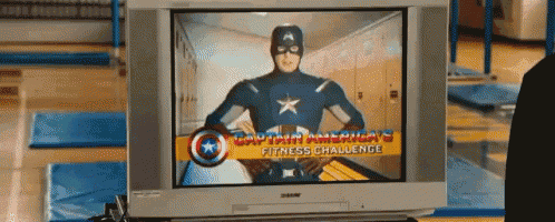 captain america 's fitness challenge is being advertised on a television
