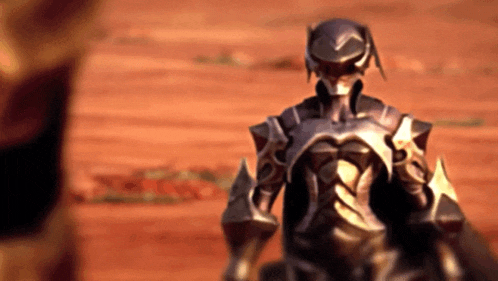 a statue of a knight in armor is standing in a desert