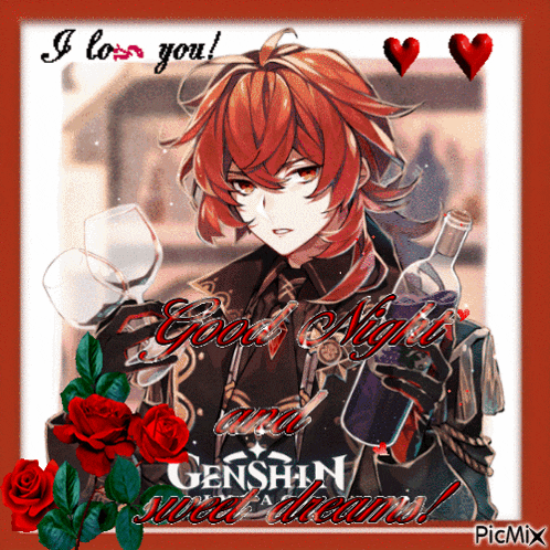 a picture of a man holding a glass and a bottle with the words " i love you " written on it