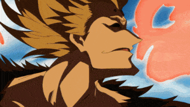a close up of a person 's face with a red flame behind them