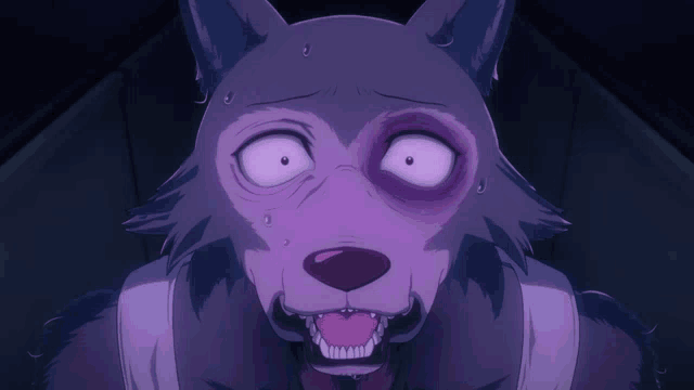 a close up of a wolf with a purple eye