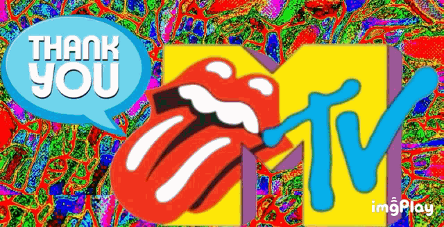 a rolling stones and mtv logo with a thank you speech bubble