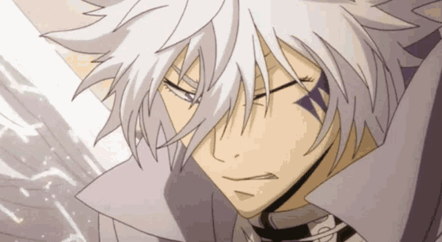a close up of a person 's face with white hair