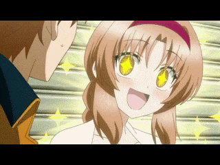 a girl with a star in her eyes is smiling while looking at a boy