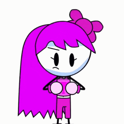 a cartoon girl with purple hair and a bow on her head is holding a pink cloth .