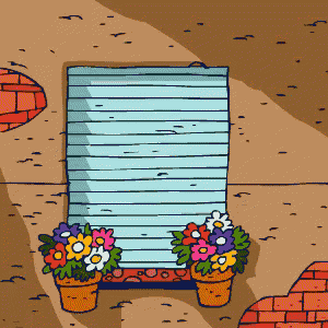 a cartoon drawing of two potted flowers in front of a blue shutter