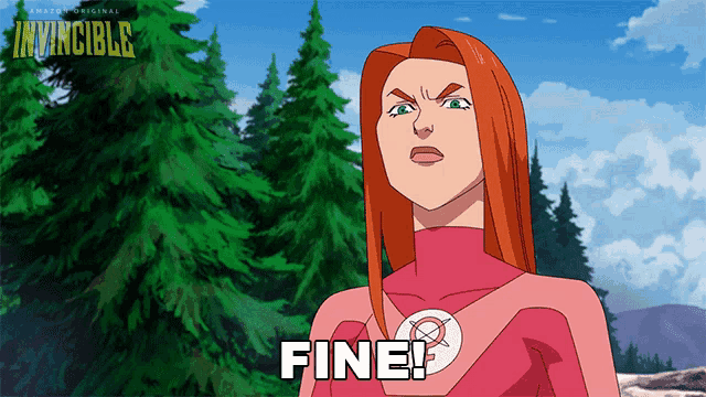 a cartoon of a woman says fine in front of trees