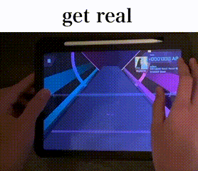 a person is playing a video game on a tablet with the words get real below them