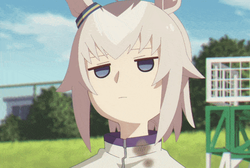 a cartoon character with white hair and blue eyes making a face