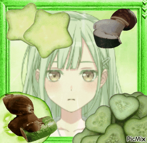 a picture of a girl surrounded by sliced cucumbers and star shaped cookies