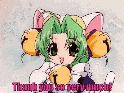 a cartoon girl with green hair and cat ears is holding a bell and saying thank you so very much .