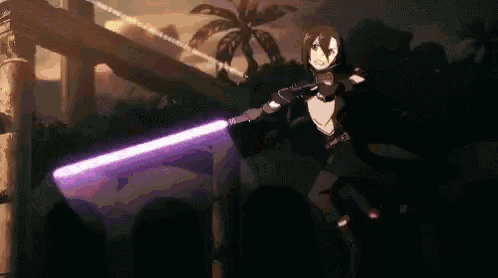 a cartoon character is holding a purple lightsaber