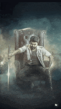 a man is sitting in a chair holding a sword in his hand