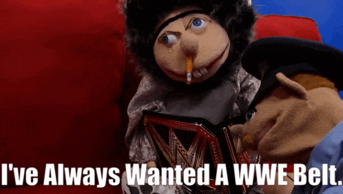 a puppet with a cigarette in his mouth is holding a wwe belt next to a police officer