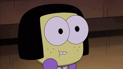 a cartoon character with black hair and purple gloves