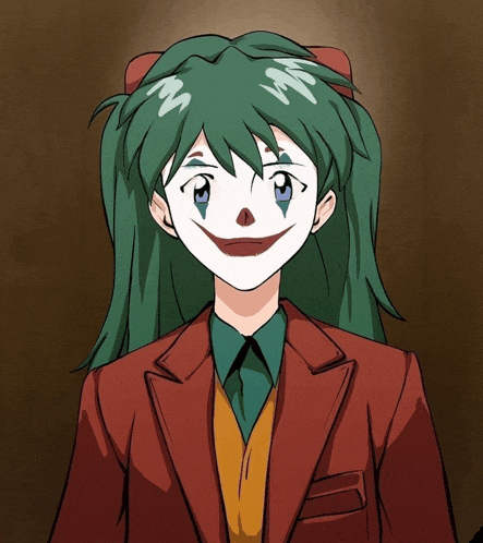 a drawing of a girl with green hair and a clown mask