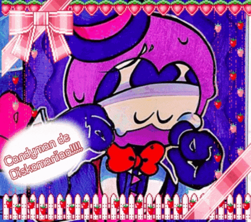 a picture of a cartoon character with the words " candyman de biskomaniac " on the bottom