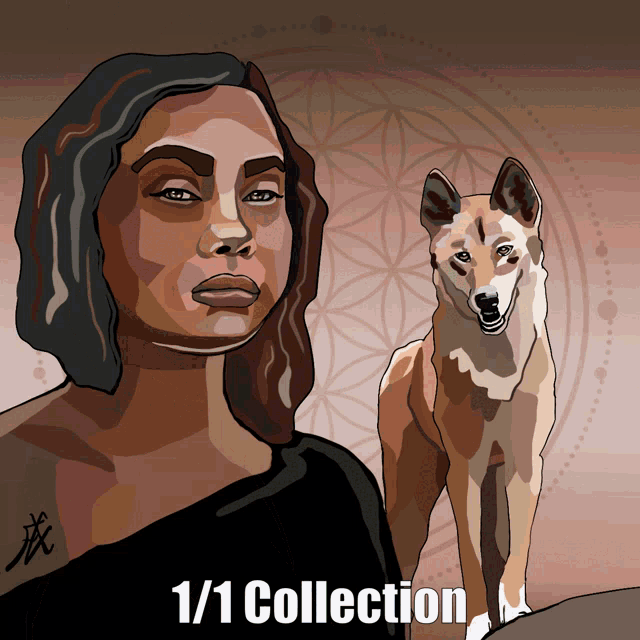 a cartoon drawing of a woman and a dog with the collection written below it