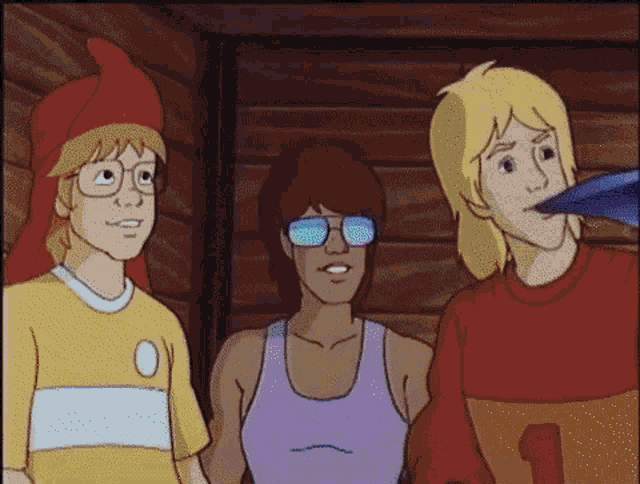 three cartoon characters are standing next to each other with one wearing a number 1 shirt