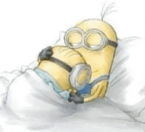 a drawing of two minions hugging each other while laying in bed .