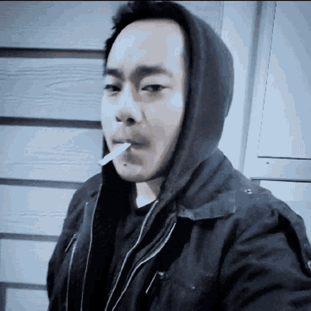 a man with a cigarette in his mouth wearing a black jacket
