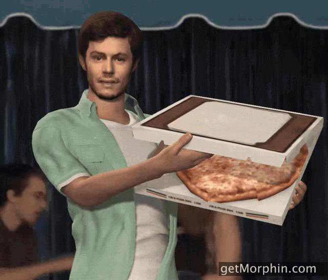 a man in a green shirt is holding a box of pizza with the website getmorphin.com below him